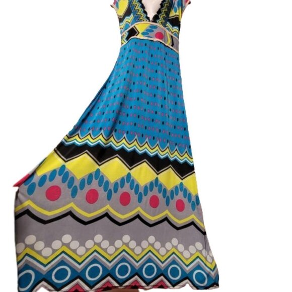 SUMMER Blue Maxi Cover up Abstract Print Cap Sleeve Casual Comfy Long Dress - Picture 2 of 12